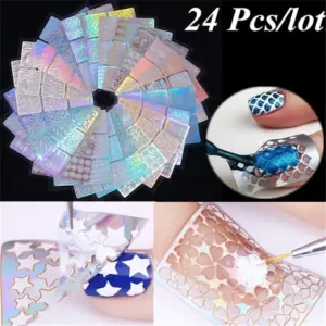 Set 24 Stencil Vinilo Holográficos  Reutilizable Decoración de Uñas varios modelos total 144