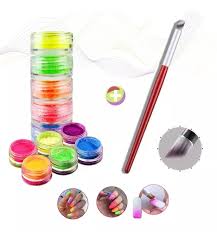6 Pigmentos Polvos Neón Flúo + Pincel Pata De Cabra Uñas Nails