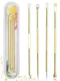 Kit De Sacacomedones 4 Herramientas Dual Puntos Negros, Acne. Color Dorado en Estuche de Plástico
